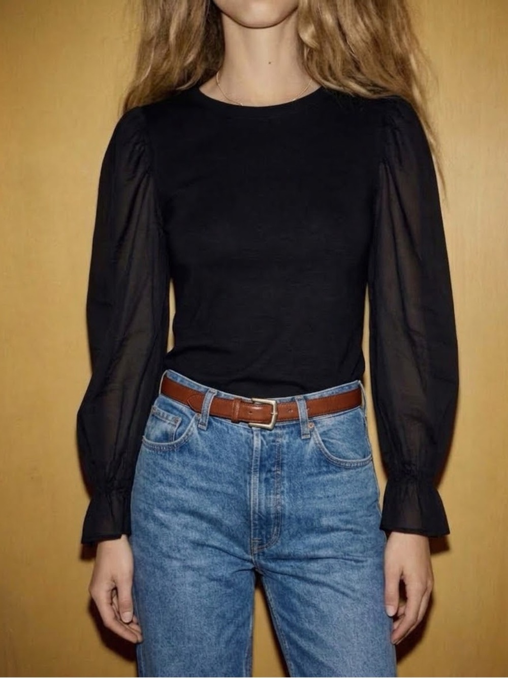 🖤 Nation LTD Black 100% Pima Cotton Sheer Puff Sleeve Top Womens Large